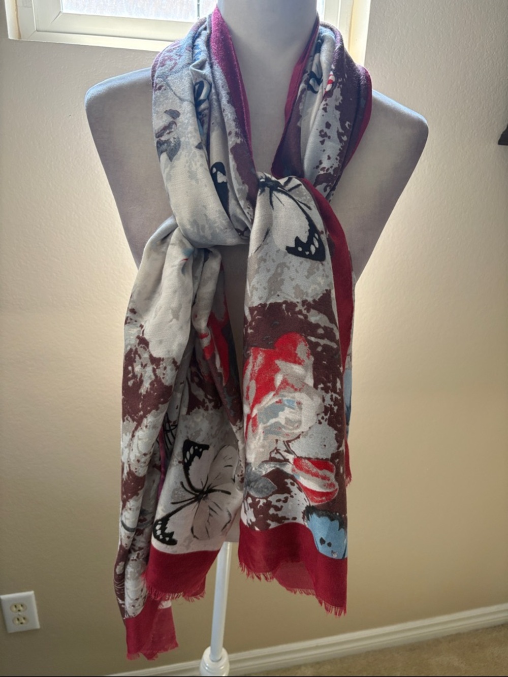 Lightweight Red and Gray Butterfly & Musical Notes Printed Women's Scarf